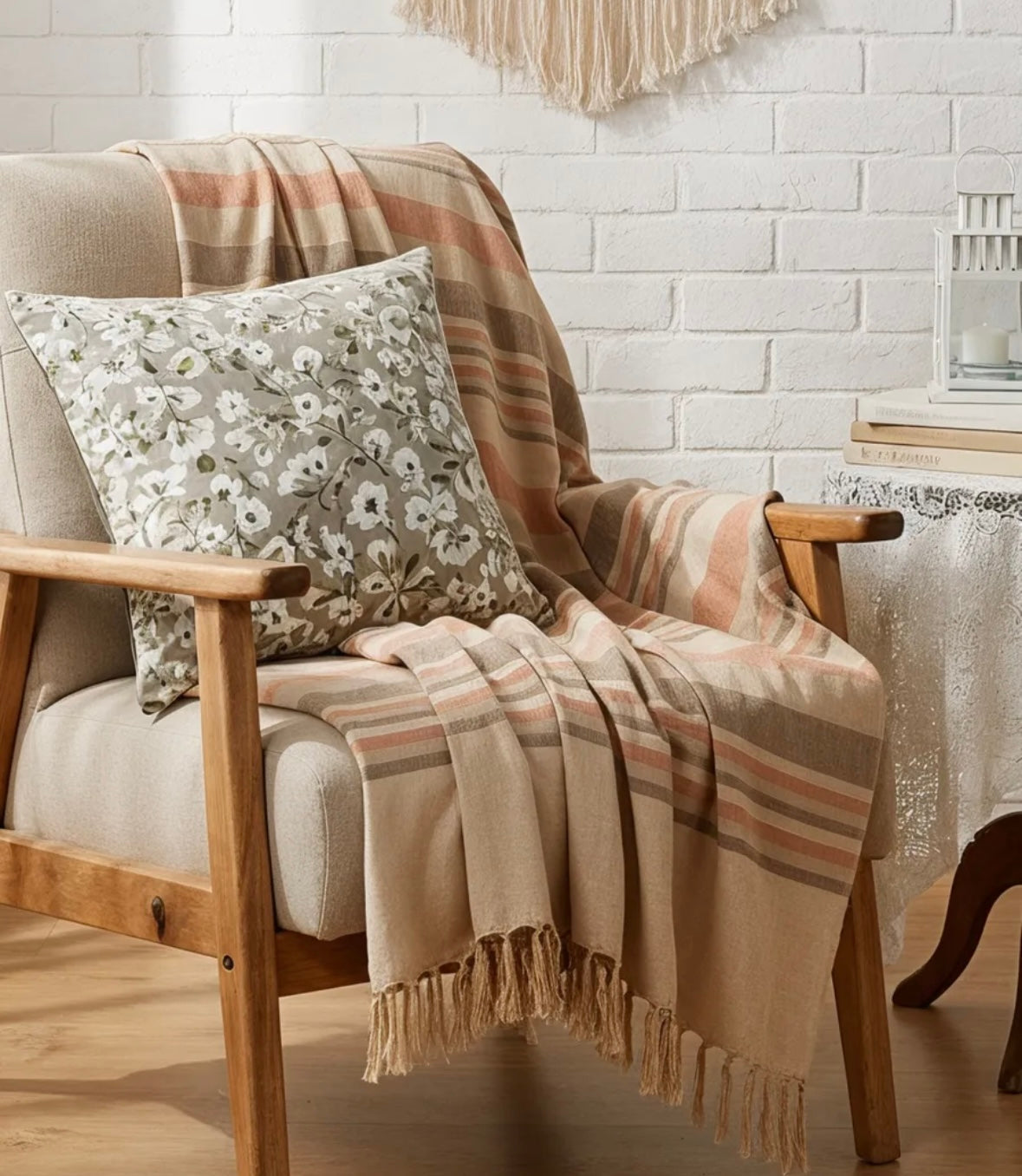 Orange, Grey & Beige Striped Handloom Throw