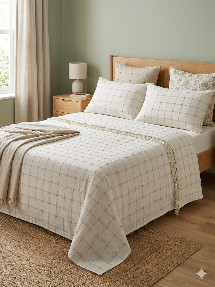 White Button Design Handloom Bedcover