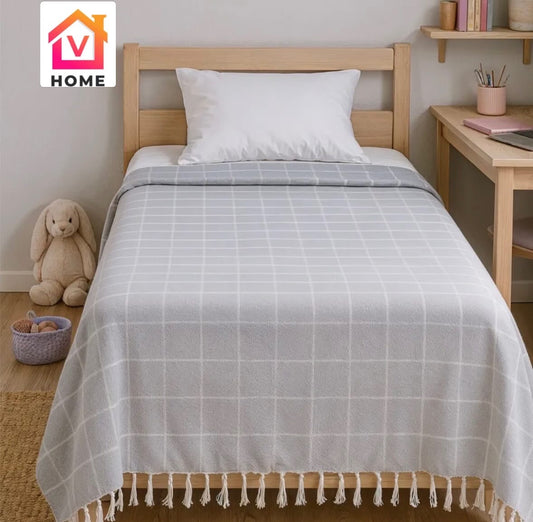 Grey Checked Handloom Bedcover