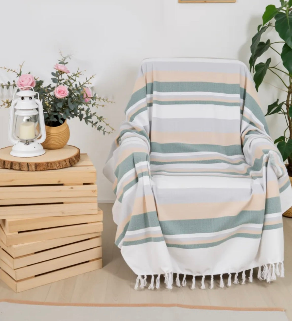 Turquoise & Cream Striped Handloom Throw