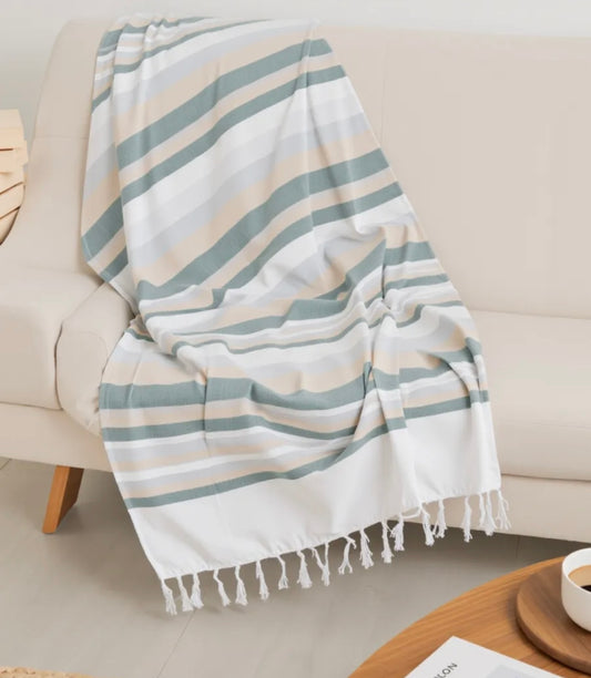 Turquoise & Cream Striped Handloom Throw