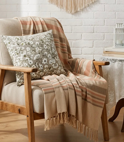 Orange, Grey & Beige Striped Handloom Throw