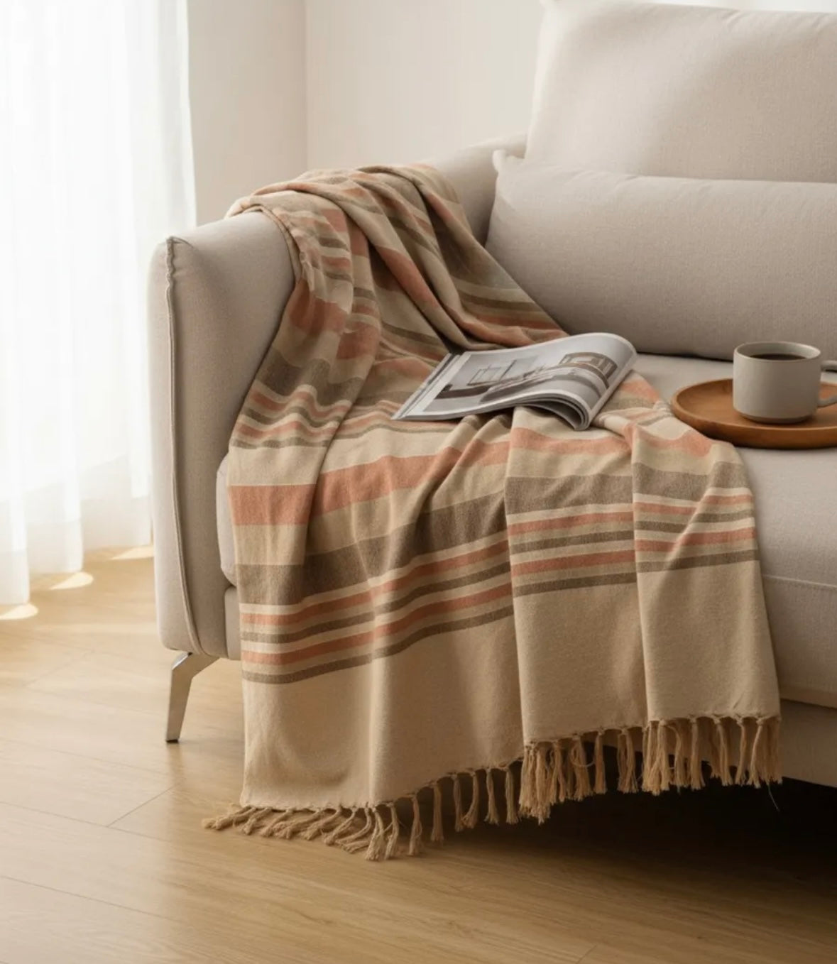 Orange, Grey & Beige Striped Handloom Throw