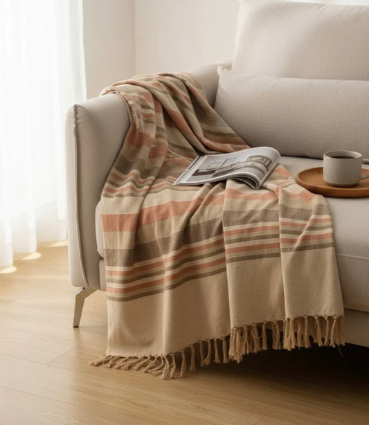 Orange, Grey & Beige Striped Handloom Throw
