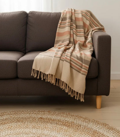 Orange, Grey & Beige Striped Handloom Throw