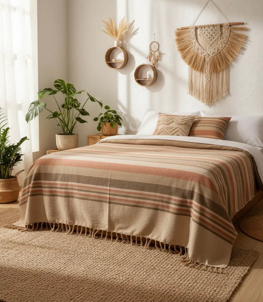 Orange, Grey & Beige Striped Handloom Bedcover