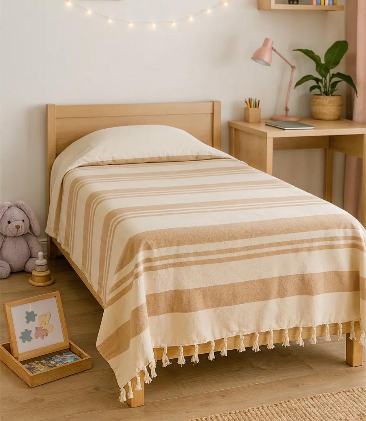 Beige & Brown Striped Handloom Bedcover