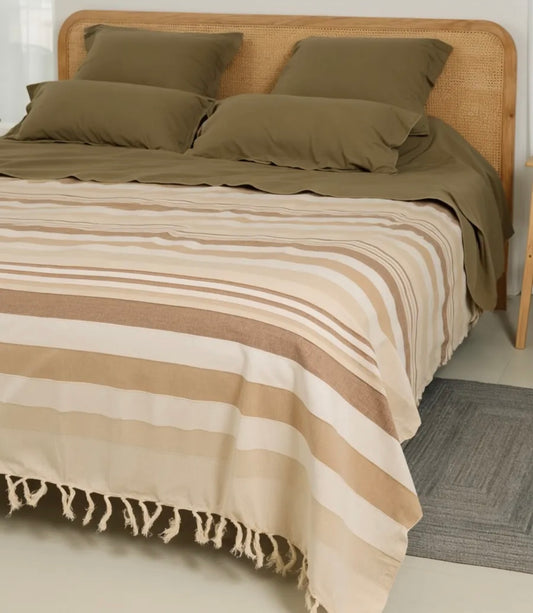 Beige & Brown Striped Handloom Bedcover