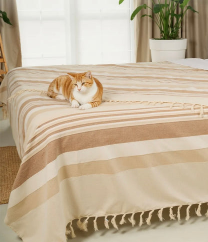 Beige & Brown Striped Handloom Bedcover