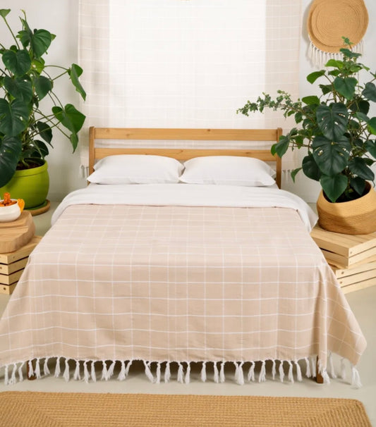 Beige Checked Handloom Bedcover