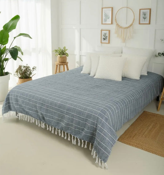 Dark Blue Checked Handloom Bedcover