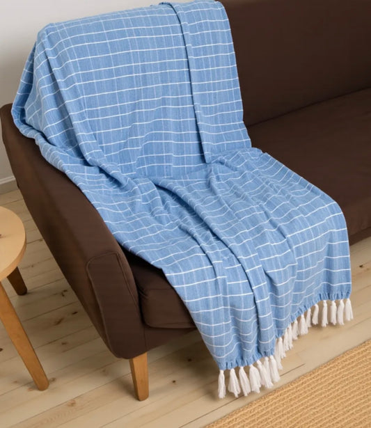 Sky Blue Checked Handloom Throw