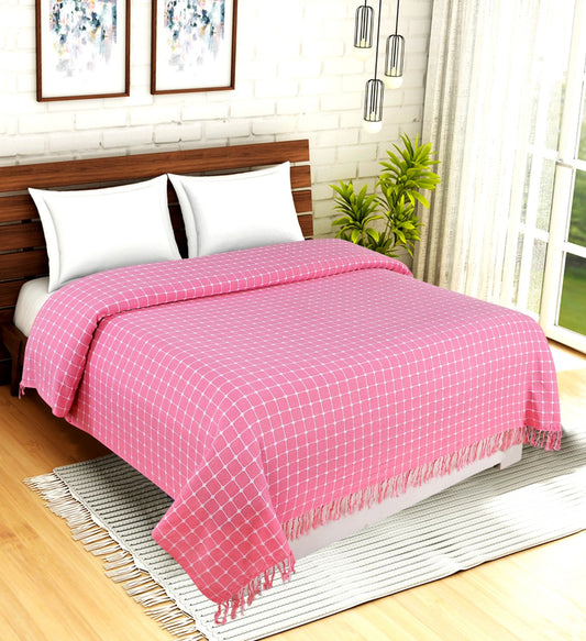 Pink Checked Handloom Bedcover