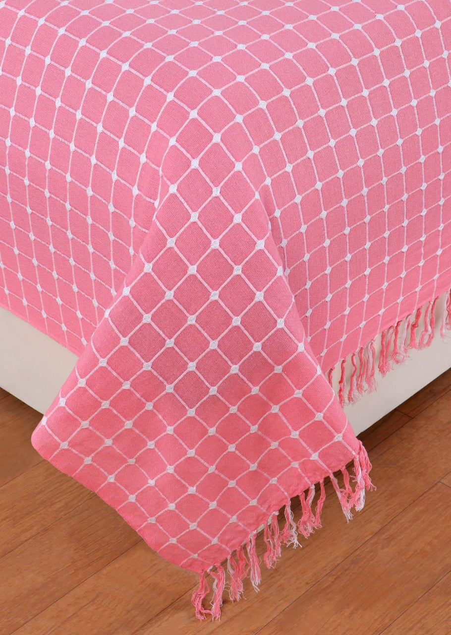Pink Checked Handloom Bedcover