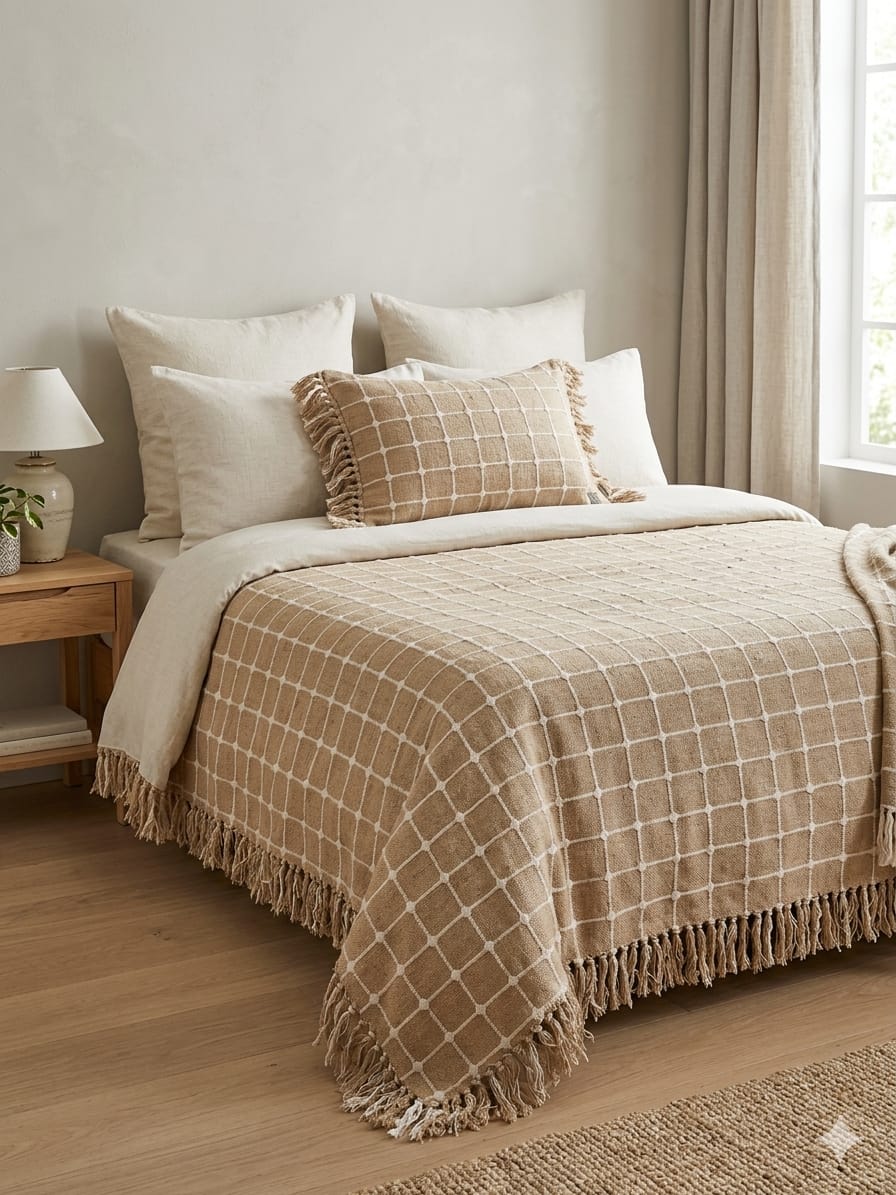 Beige Button Design Handloom Bedcover