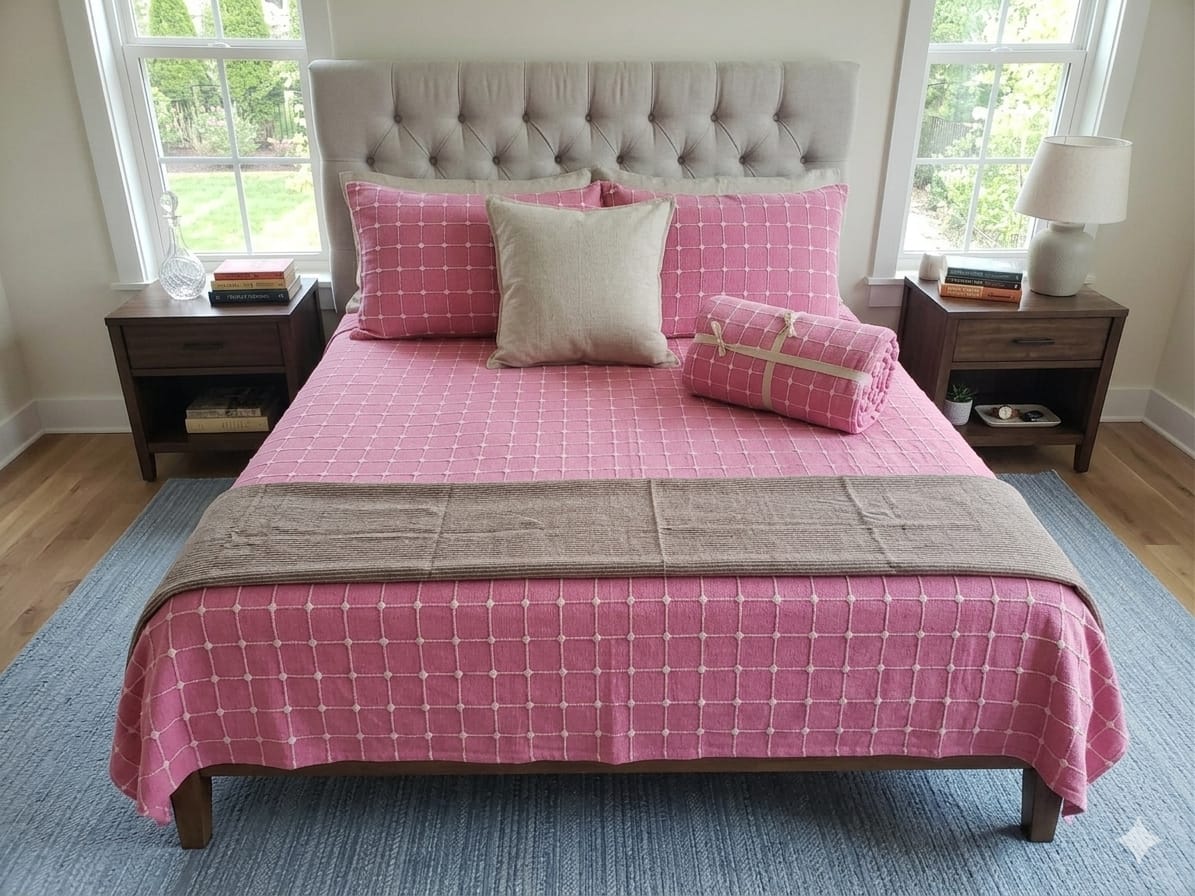 Pink Button Design Handloom Bedcover